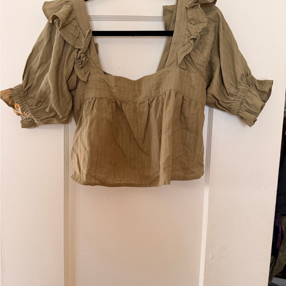 Kara Thoms Olive Green Linen Women's Top